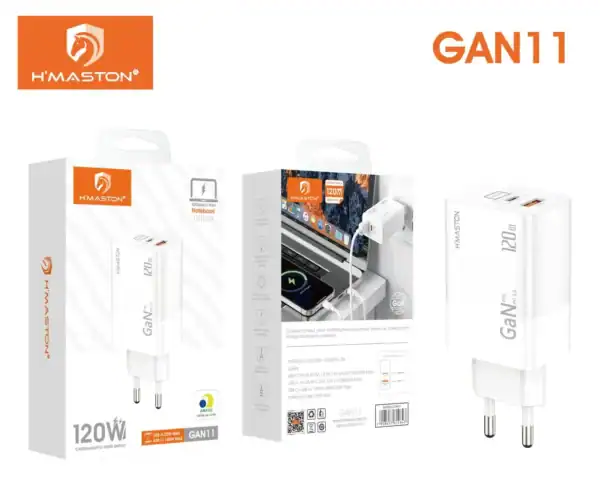 Carregador Turbo De 2 Saídas 120w H'maston Gan11 Premium Branco